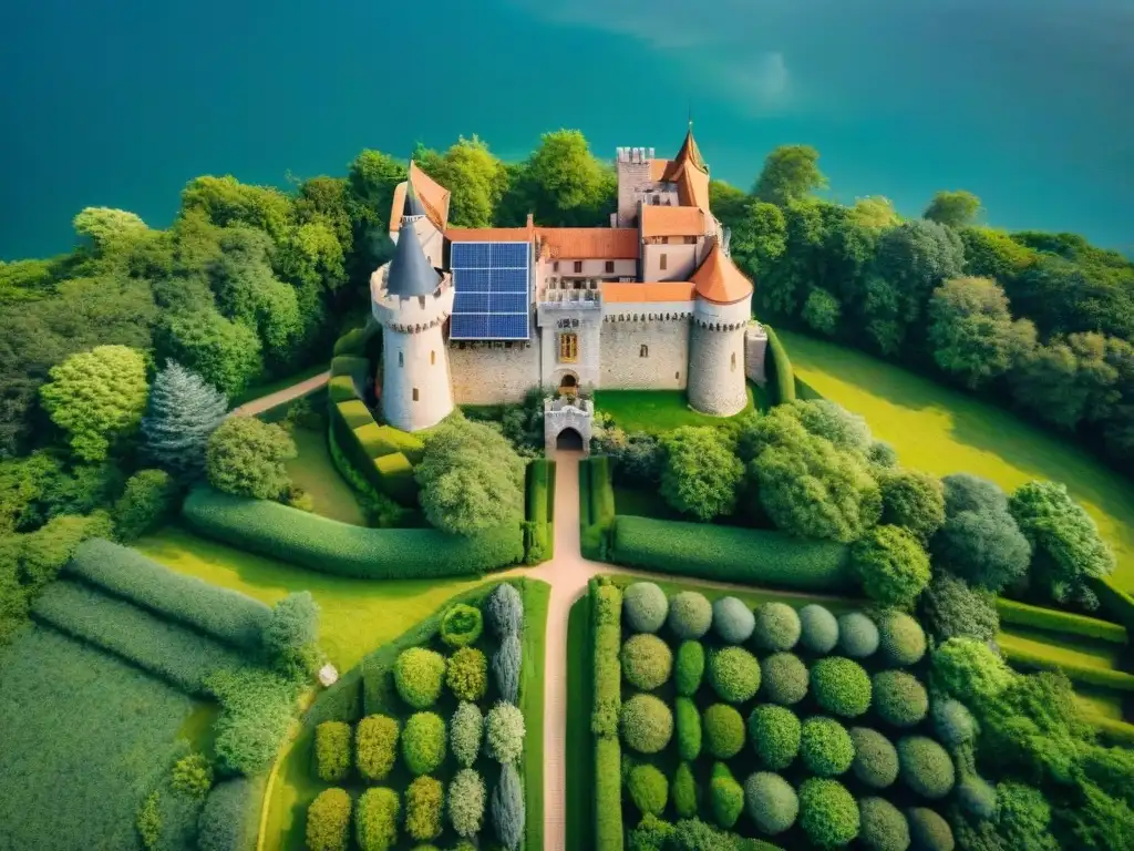 Castillo medieval eco-sostenible: belleza verde y renovable Hermoso castillo medieval con certificaciones verdes, destacando prácticas sostenibles