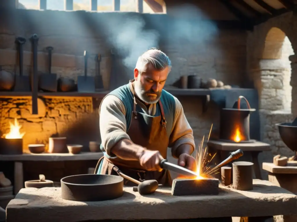 El forjador de armas en su taller medieval Un herrero medieval forja armas de caballeros en un taller de castillo iluminado por la luz solar