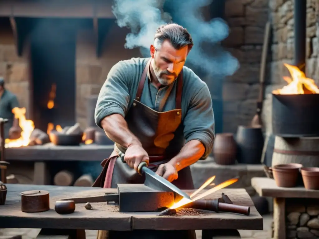 Artesano forjador en castillo medieval Un herrero forjando armas en un castillo medieval, rodeado de espadas y escudos antiguos, chispas y herramientas de forja
