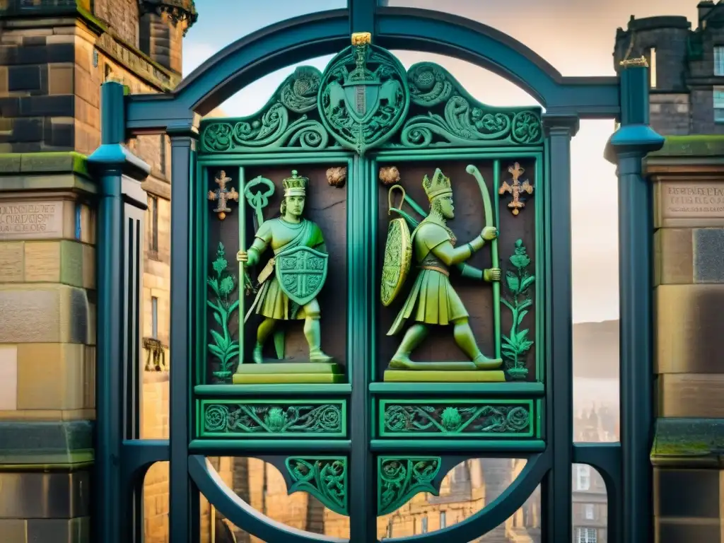 Detalles históricos: Puerta tallada del Castillo de Edimburgo La historia del Castillo de Edimburgo grabada en piedra: detallados grabados centenarios iluminados por la luz, un legado eterno