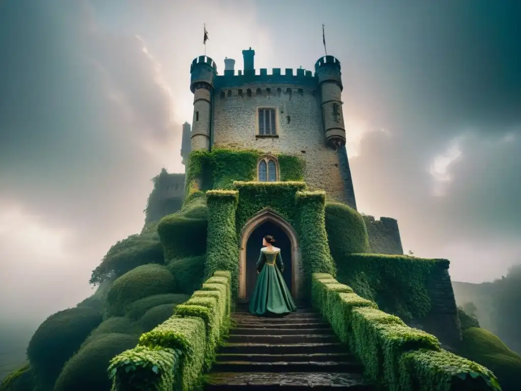 Castillo misterioso envuelto en niebla: historia y secretos Explorando las historias de misteriosos castillos enigmáticos en la niebla, una figura solitaria observa con curiosidad la imponente estructura