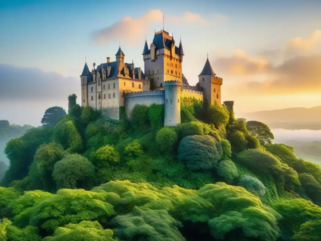 Restauración ecológica de castillo histórico con mariposas y trabajadores al atardecer