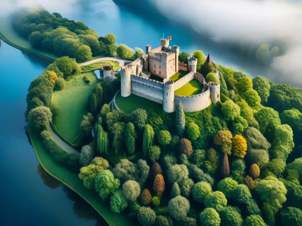 Castillo medieval en paisaje verde: armonía histórica y natural Imagen aérea de un castillo medieval en un paisaje verde, ilustrando la conservación de castillos, historia y planeta