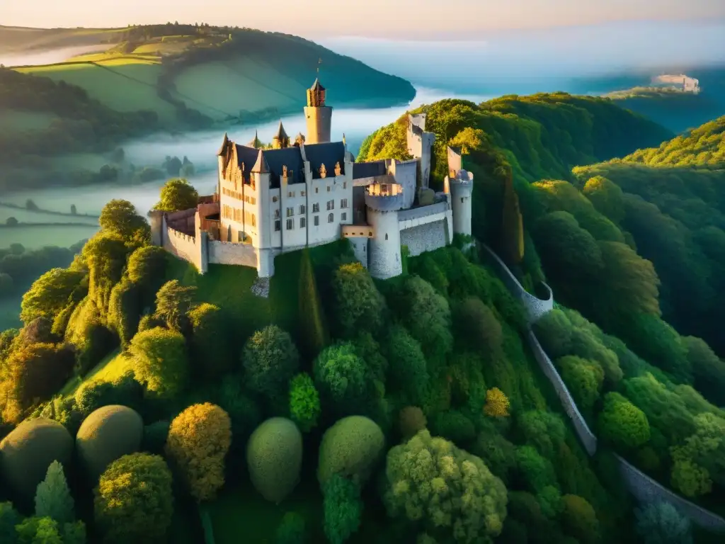 Castillo medieval: majestuosidad en la naturaleza Imagen aérea de un majestuoso castillo medieval en una colina verde, rodeado de un bosque vibrante bajo la cálida luz dorada del sol