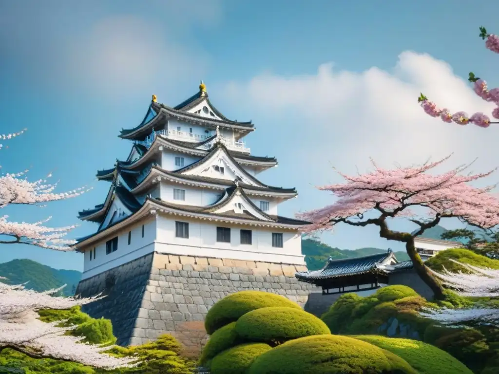 Himeji Castle: Elegancia entre cerezos en flor Imagen de alta resolución del impresionante Castillo de Himeji en Japón, rodeado de cerezos en flor