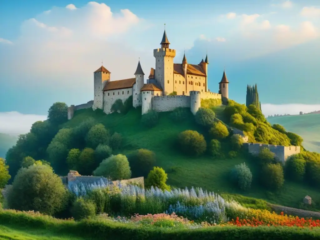 Castillo medieval en paisaje exuberante: arquitectura sostenible Imagen detallada de un castillo medieval rodeado de naturaleza exuberante