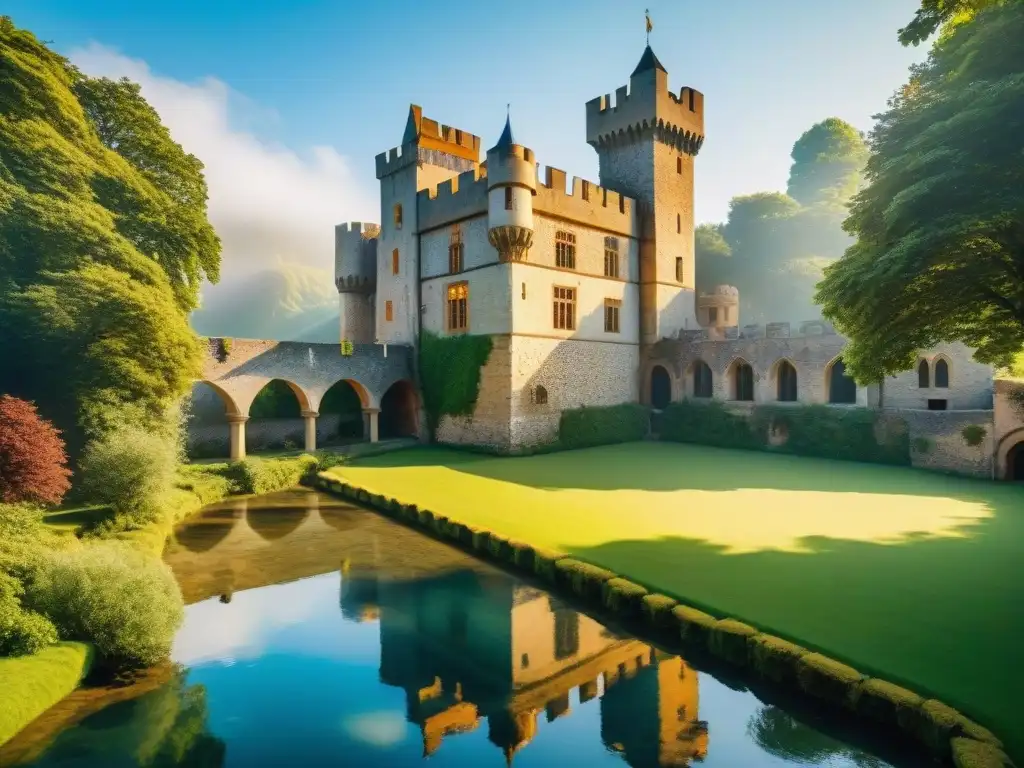 Castillo medieval: grandiosidad y honor en la Edad Media Imagen detallada de un majestuoso castillo medieval en una colina verde, rodeado de un foso con agua cristalina