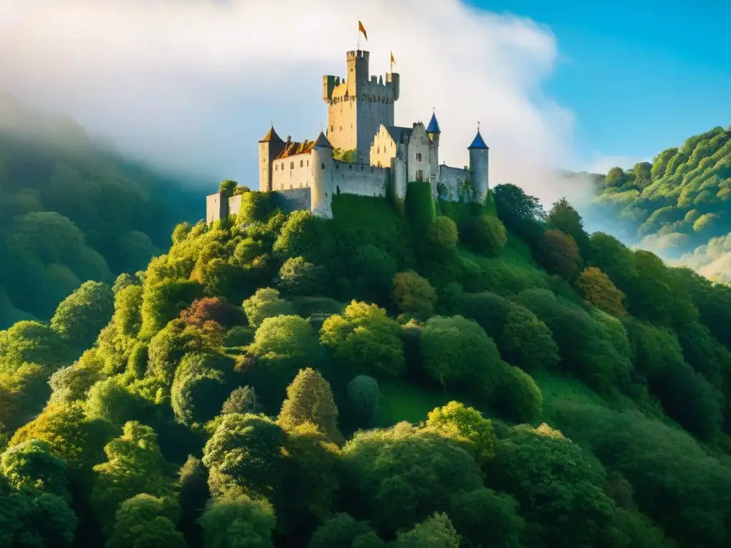 Castillo medieval: historia en verde y piedra Imagen de ensueño de un castillo medieval en una colina verde, rodeado de bosques bajo un cielo azul