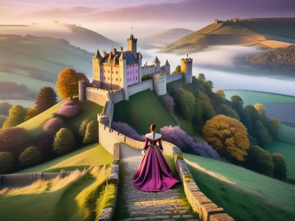 Atardecer en castillo medieval: historia y nuevas promesas Imagen de un majestuoso castillo medieval iluminado por el cálido resplandor del sol poniente, evocando la experiencia de Año Nuevo en un castillo