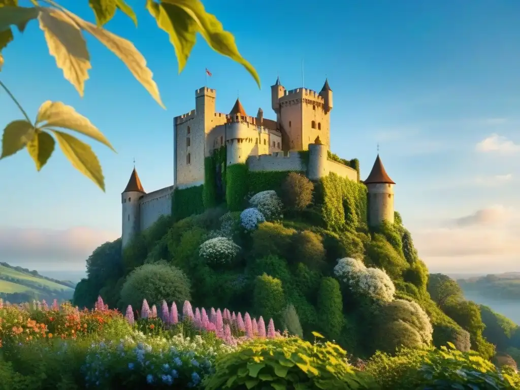 Imagen de un majestuoso castillo medieval rodeado de vegetación exuberante y flores silvestres, bajo un cielo azul claro