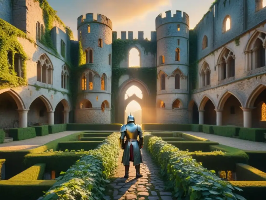 Imagen de ruinas de un majestuoso castillo medieval con muros cubiertos de hiedra, bañados por la luz dorada del atardecer