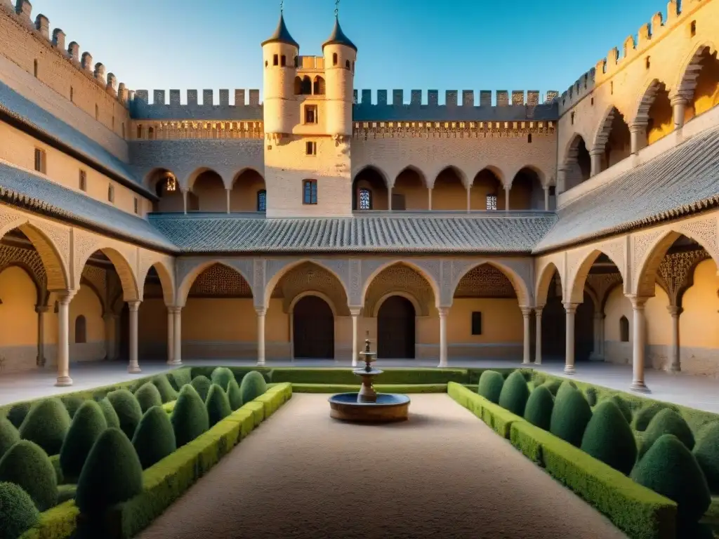 Alcázar de Segovia al atardecer: arquitectura medieval dorada El imponente Alcázar de Segovia al atardecer, con su arquitectura medieval y torres altas, iluminado por una cálida luz dorada