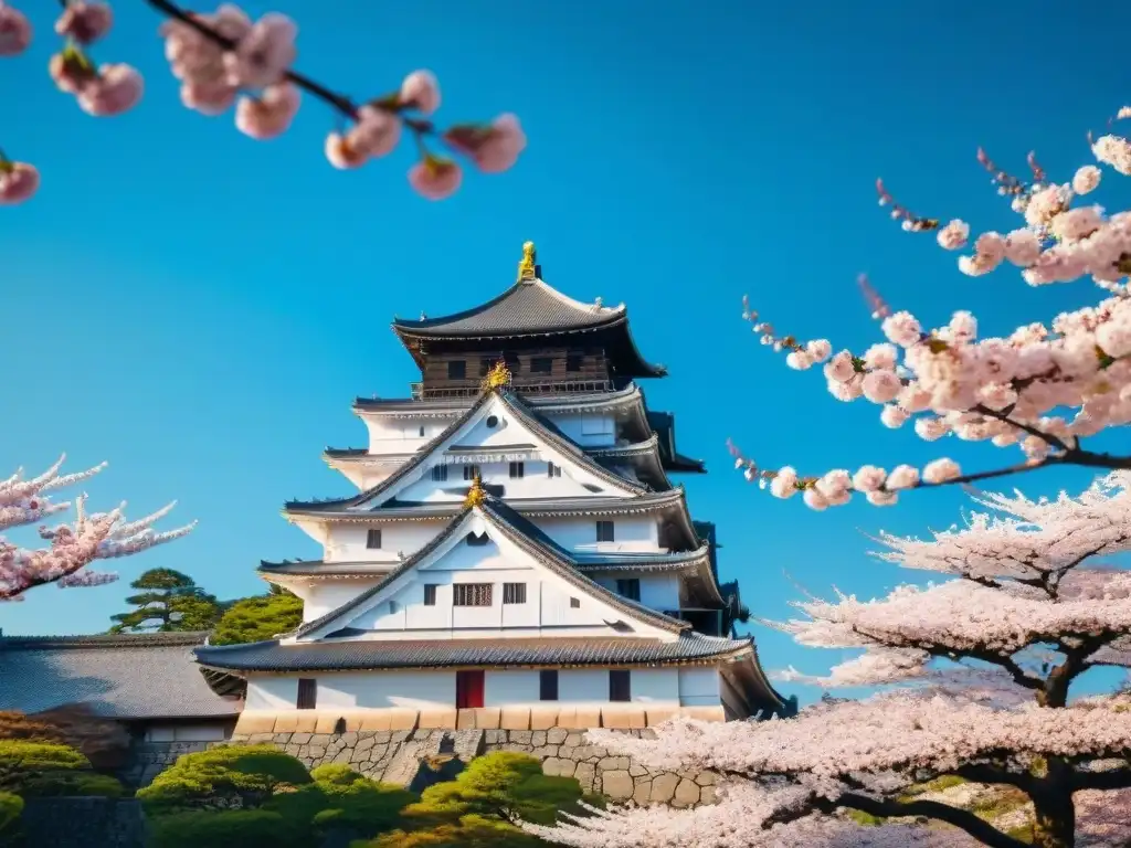 Imponente castillo blanco en Japón, rodeado de cerezos en flor bajo cielo azul