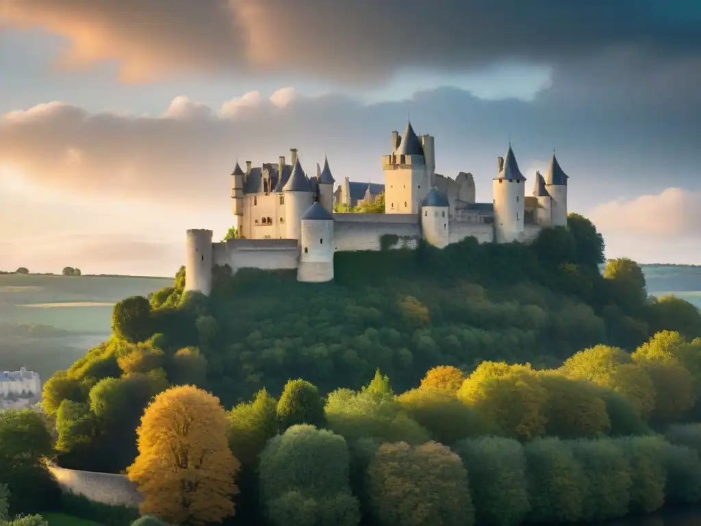 Castillo de Chinon al atardecer: historia y misterio en piedra El imponente Castillo de Chinon al atardecer, bañado en cálida luz dorada, evocando la historia de Juana de Arco