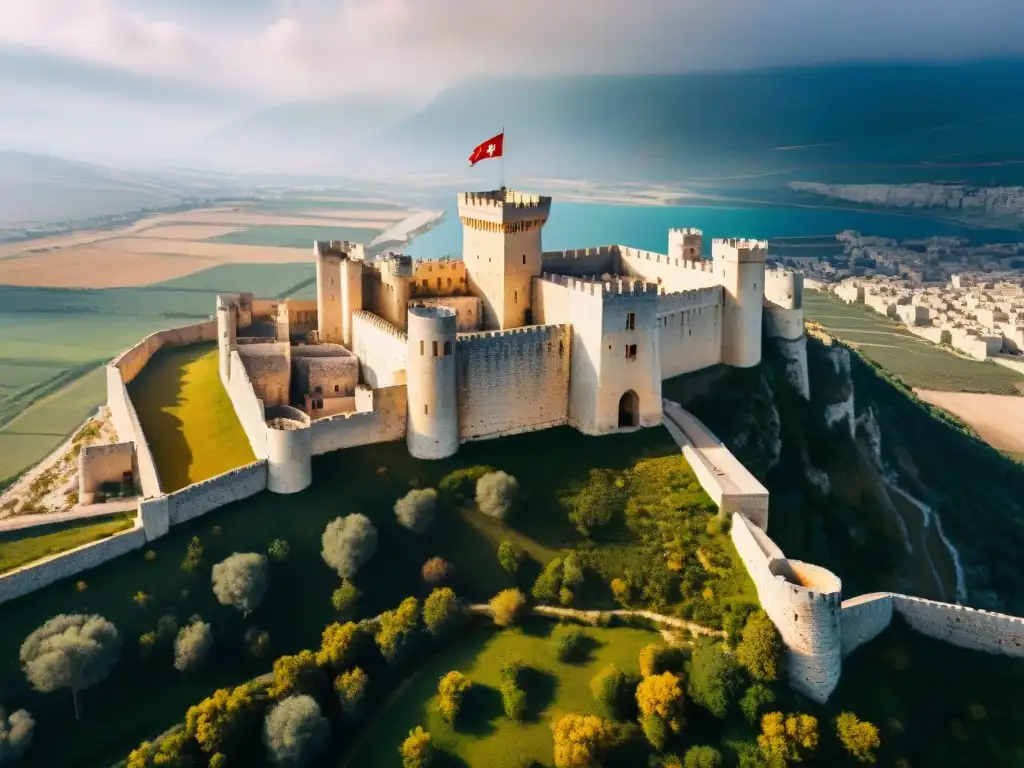 Castillo de los Caballeros: Fortaleza medieval en Siria Imponente castillo de los cruzados en Siria, bañado por el sol dorado, con sombras creando un efecto dramático en el paisaje rocoso