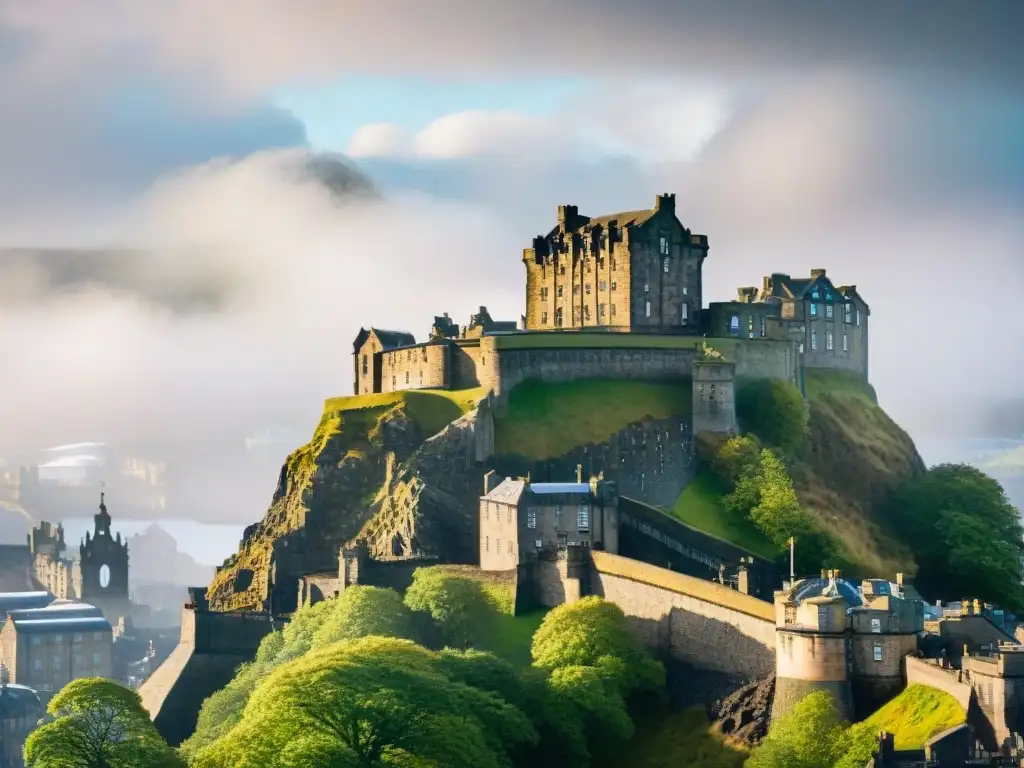 Castillo de Edimburgo: historia y belleza bajo el cielo escocés Imponente Castillo de Edimburgo en Castle Rock, bajo un cielo escocés dramático resaltando su historia y arquitectura