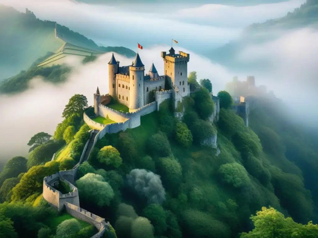 Castillo misterioso en acantilado: historias encantadas Imponente castillo encantado en acantilado neblinoso