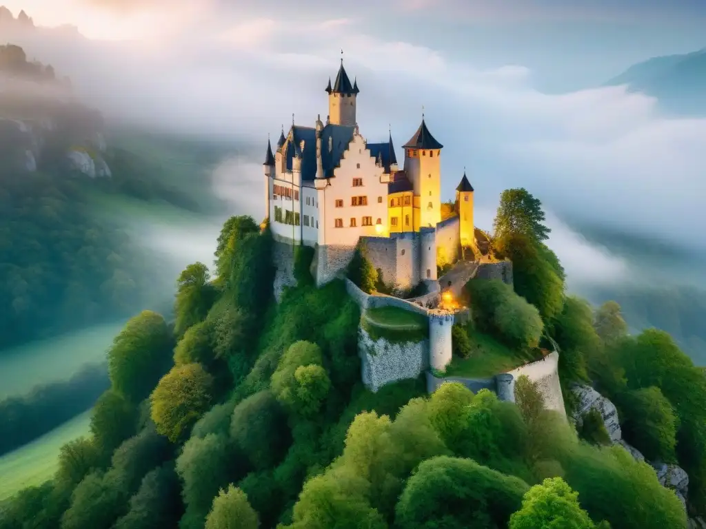 Majestuoso Castillo de Falkenstein: Misterio al Amanecer El imponente Castillo Falkenstein envuelto en misterio al amanecer, con detalles arquitectónicos intrigantes
