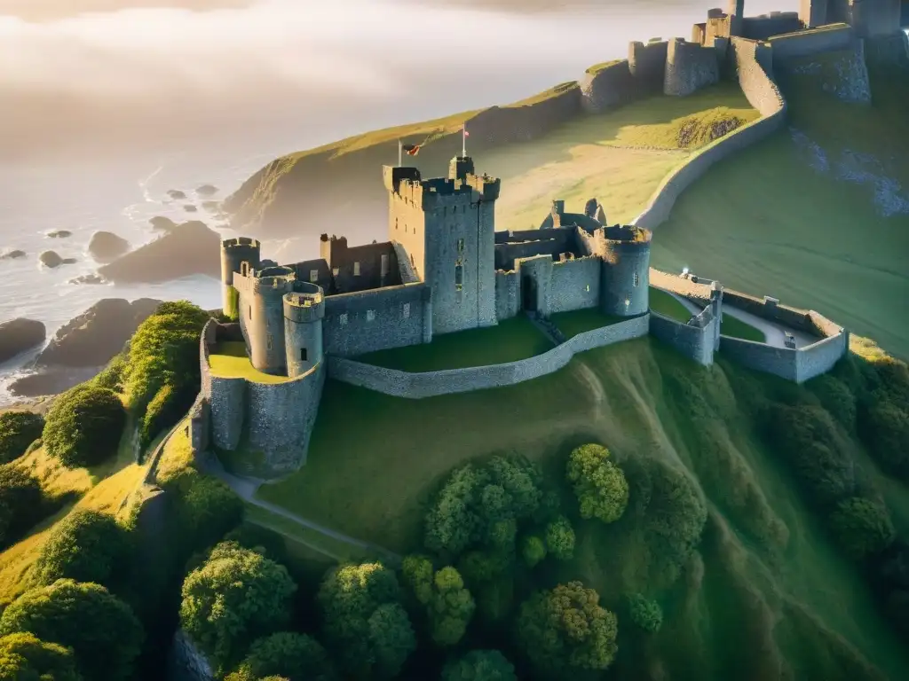 Imponente Castillo Harlech en Gales, bañado por la cálida luz del atardecer, sobre la costa rocosa galesa