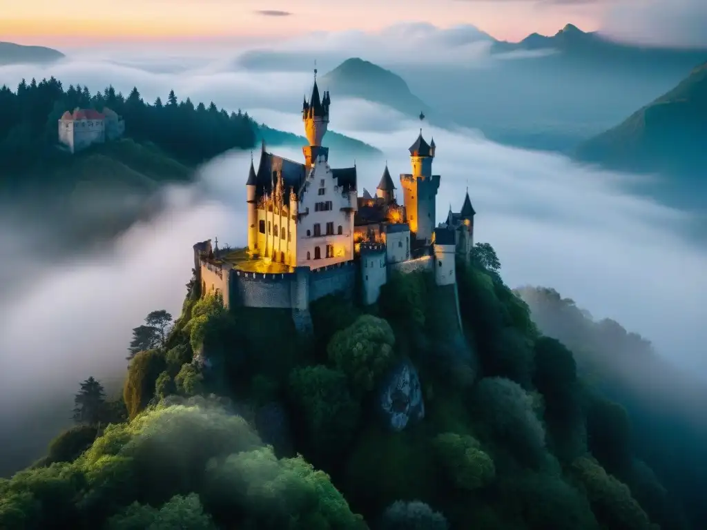 Castillo gótico en la neblina: misterio y peligro bajo la luna llena Imponente castillo gótico envuelto en misterio y suspense, iluminado por la luna