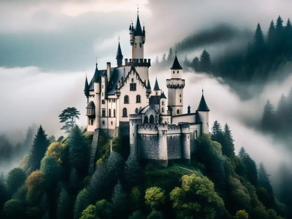 Imponente castillo gótico envuelto en niebla y rodeado de un bosque tenebroso