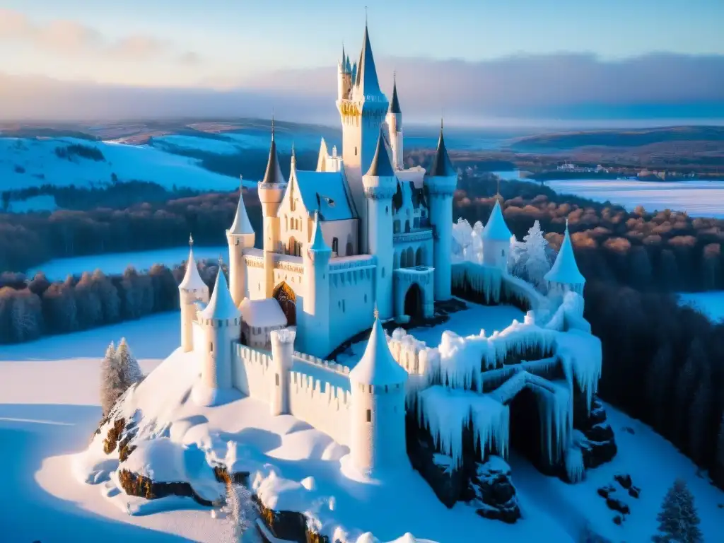 Castillo de hielo: majestuosidad y magia en paisaje nevado Imponente castillo de hielo en paisaje nevado, con torres brillantes reflejando la luz del sol