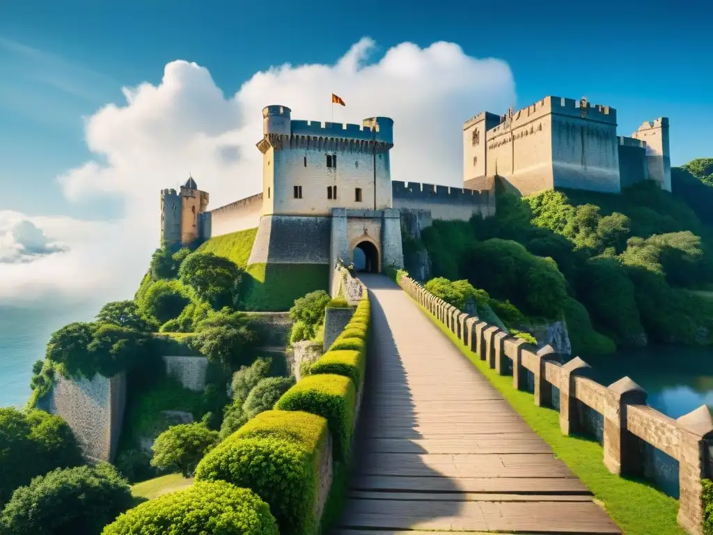 Fortaleza histórica en acantilado: detallada y majestuosa Un imponente castillo histórico en un acantilado, rodeado de vegetación exuberante, con soldados patrullando