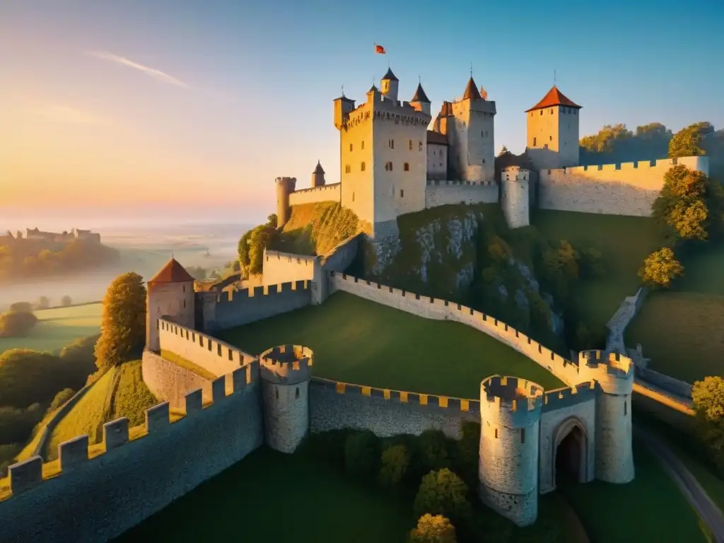 Castillo medieval al atardecer: historia y misterio en alta resolución Imponente castillo histórico al atardecer con texturas en piedra y enredaderas
