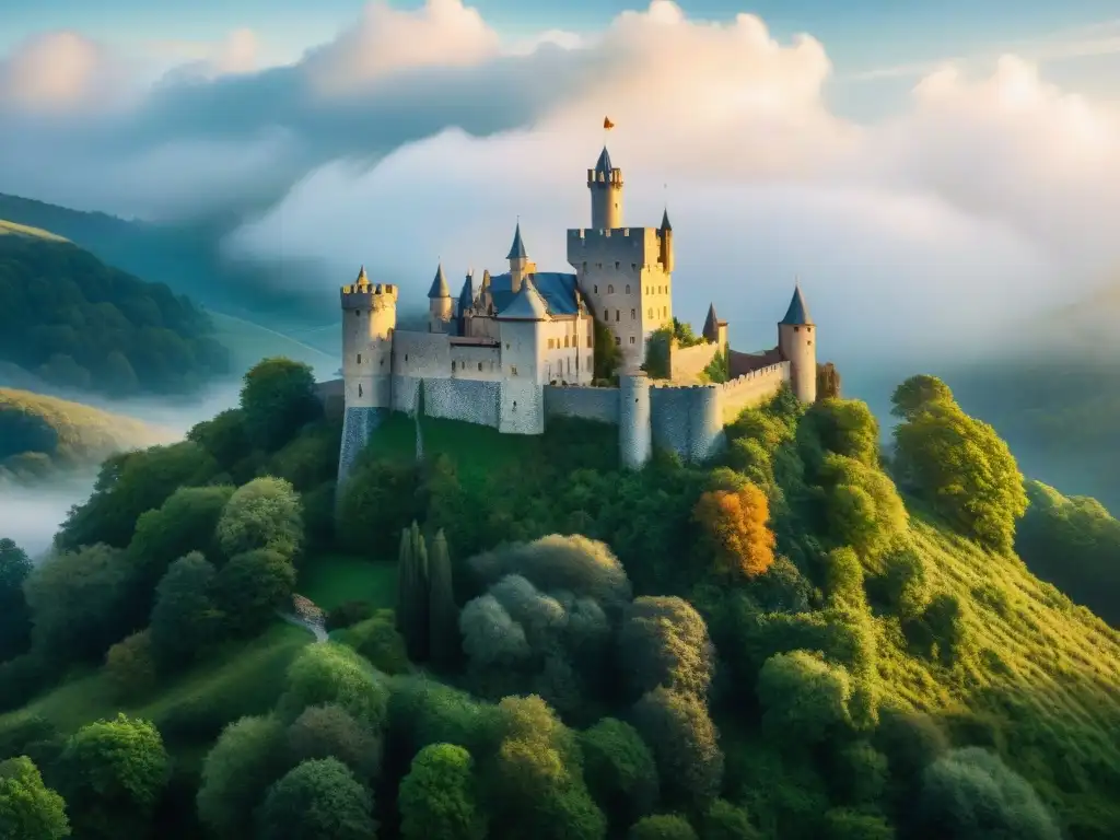 Imponente castillo medieval en un acantilado rocoso, rodeado de bosques verdes bajo un cielo azul