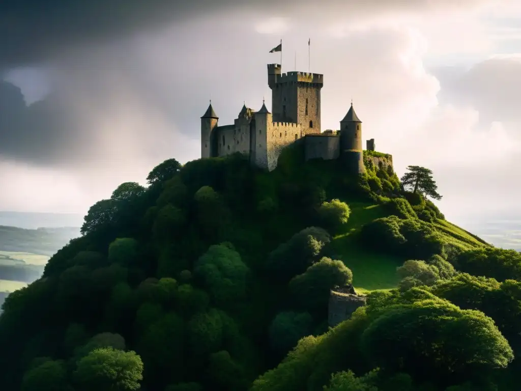 Imponente castillo medieval en acantilado rocoso, rodeado de bosques verdes bajo un cielo tormentoso