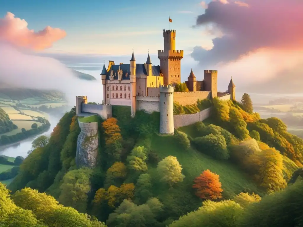 Castillo medieval: Majestuosidad y nobleza en un atardecer épico Imponente castillo medieval en un acantilado, con heráldica en castillos legendarios y un atardecer colorido