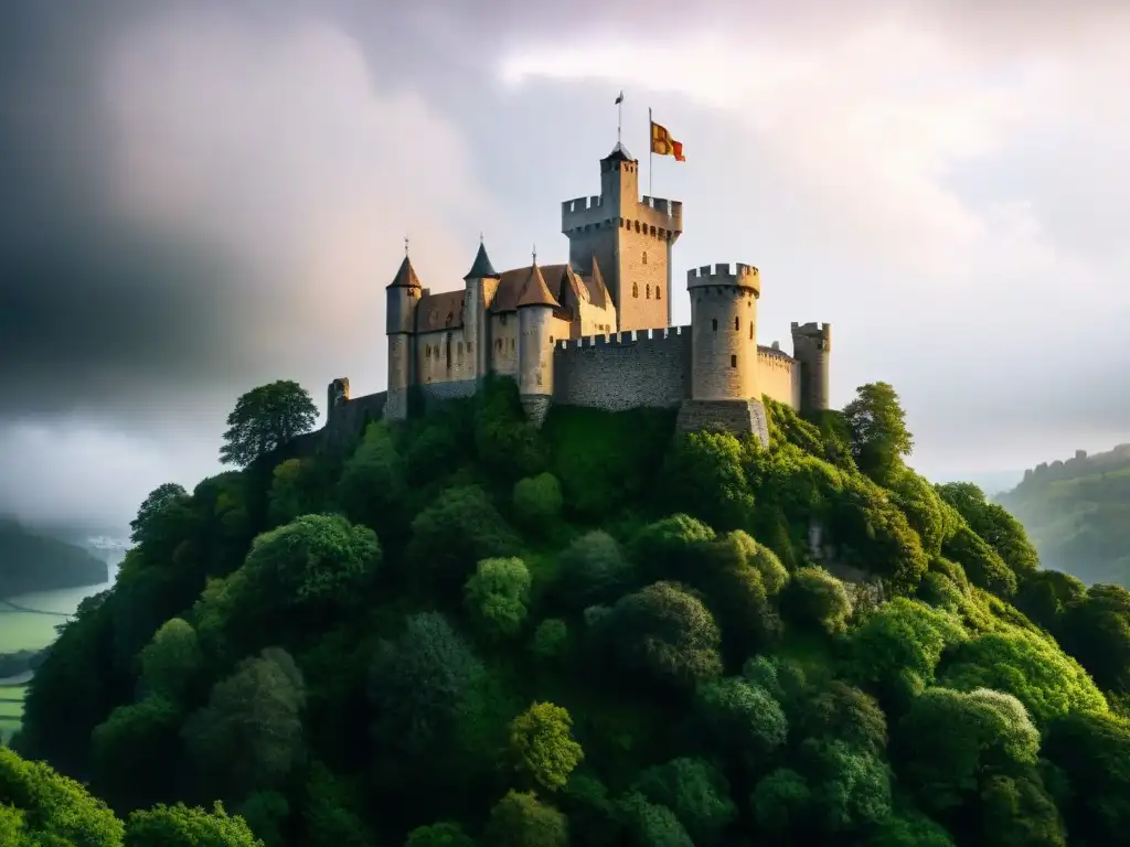 Castillo medieval en acantilado: defensa estratégica en 8k Imponente castillo medieval en acantilado con arquitectura defensa contra múltiples invasores