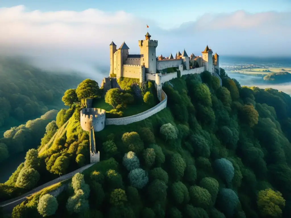 Imponente castillo medieval en un acantilado, rodeado de bosques verdes, bajo cielo azul