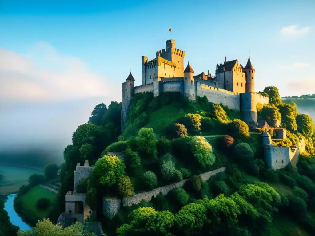 Castillo medieval en acantilado: imagen 8k detallada y majestuosa Imponente castillo medieval en un acantilado, rodeado de vegetación, río y cielo azul