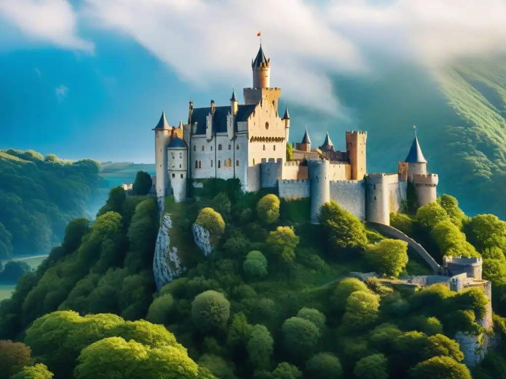 Castillo medieval: historia y majestuosidad en la cima Imponente castillo medieval en acantilado, rodeado de bosques verdes y un foso cristalino