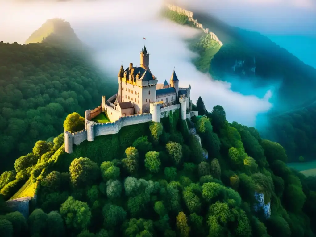 Castillo medieval en acantilado: majestuosidad histórica Un imponente castillo medieval en un acantilado rocoso, rodeado de vegetación exuberante y un foso cristalino bajo el sol, con aves sobrevolando