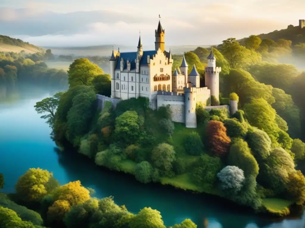 Castillo medieval: esplendor dorado y encanto natural Imponente castillo medieval bañado en luz dorada rodeado de exuberante naturaleza, ideal para eventos corporativos de ensueño
