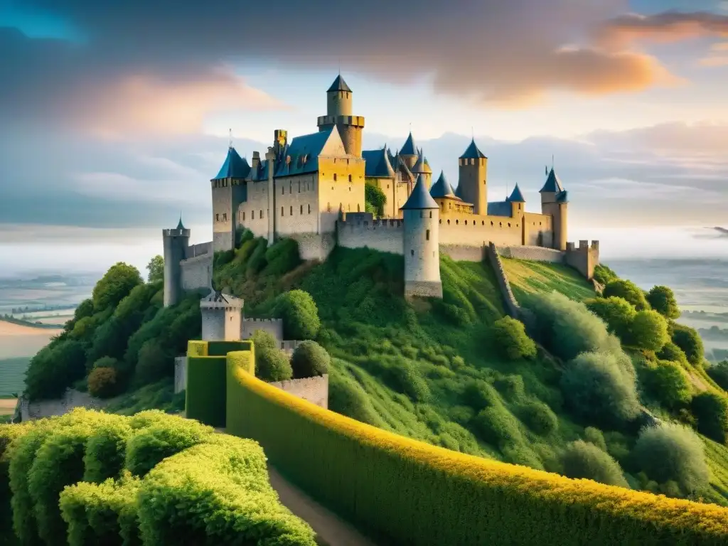 Imponente castillo medieval de Carcasona en Francia, resaltando su arquitectura y paisaje bajo un cielo dramático