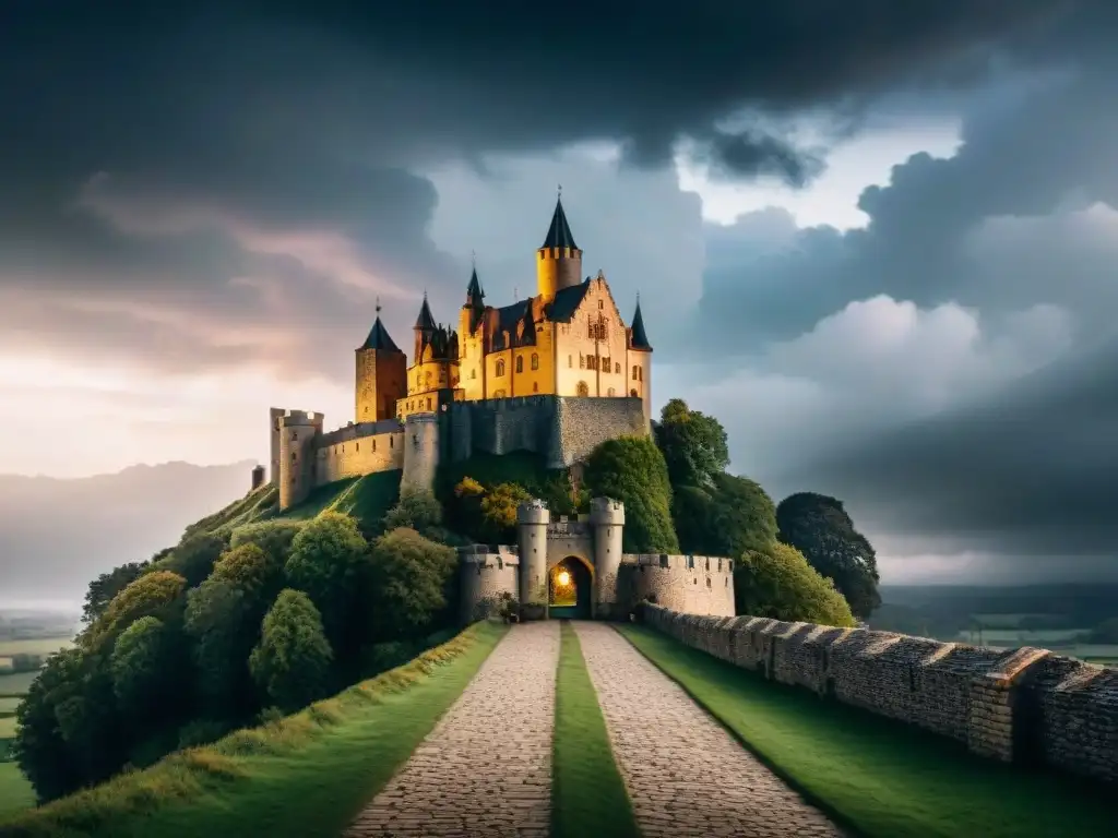Castillo medieval bajo cielos tormentosos: impactante contraste Imponente castillo medieval bajo cielos tormentosos, iluminado por rayos de sol