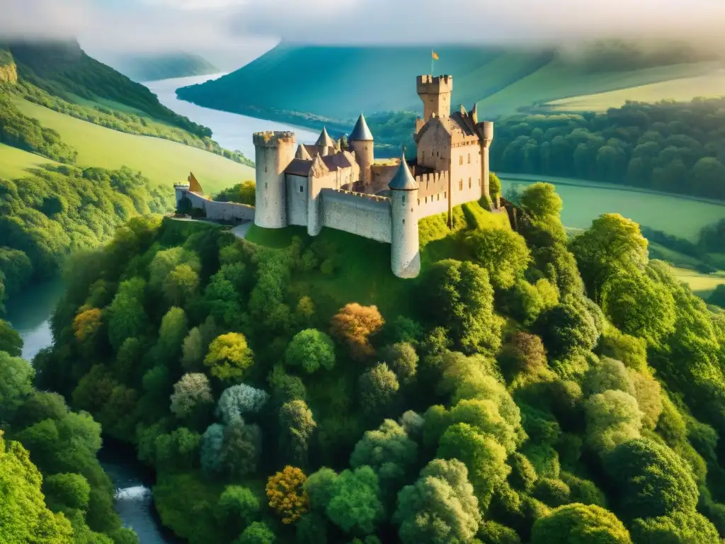 Imponente castillo medieval en colina verde, rodeado de bosque vibrante