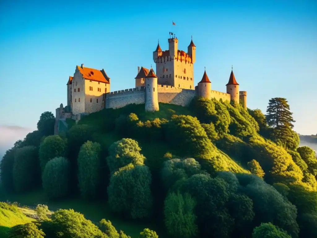 Imponente castillo medieval en colina verde, cielo azul