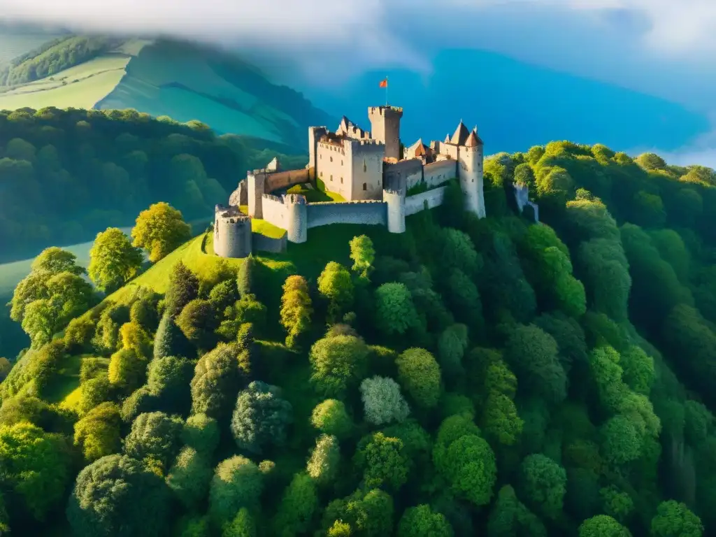 Imponente castillo medieval en colina verde rodeado de bosque, bajo cielo azul