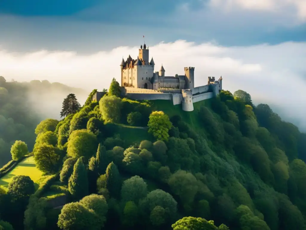 Compra de castillo medieval: negocios entre historia y belleza Imponente castillo medieval en la colina, rodeado de vegetación, con rayos de sol entre nubes y sombras dramáticas en sus muros de piedra