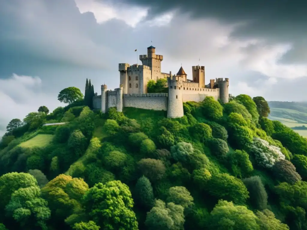 Imponente castillo medieval en colina rodeado de vegetación, con murallas de piedra y torres, bajo un cielo tormentoso