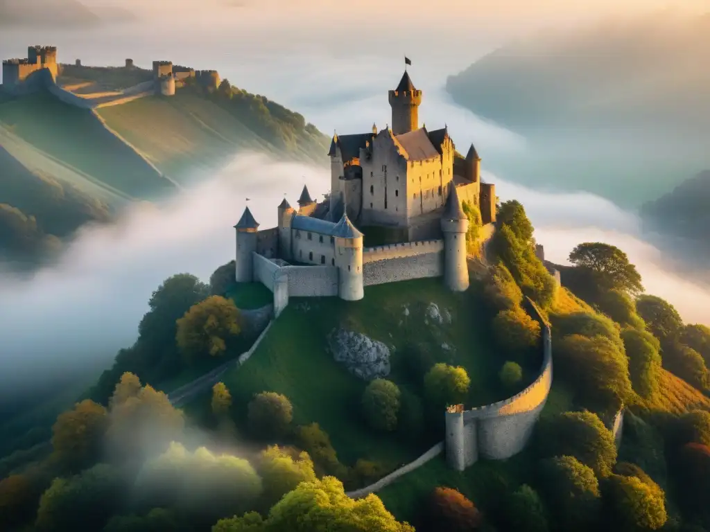 Castillo medieval en la niebla: historia y misterio en 8k El imponente castillo medieval emerge entre la densa niebla al amanecer, recreaciones históricas castillos enigmáticos
