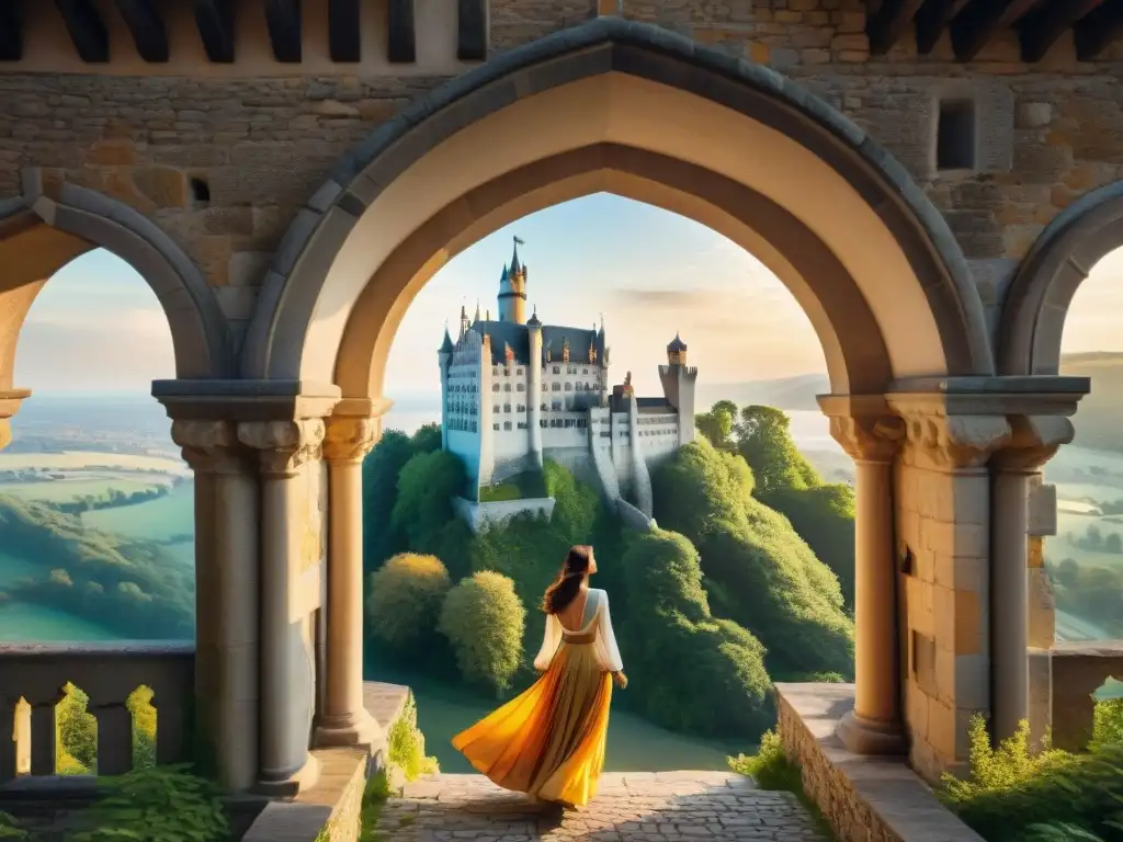 Castillo medieval al atardecer: historia y grandiosidad Imponente castillo medieval con detalles arquitectónicos en tonos dorados y rodeado de naturaleza, evocando historia y grandiosidad