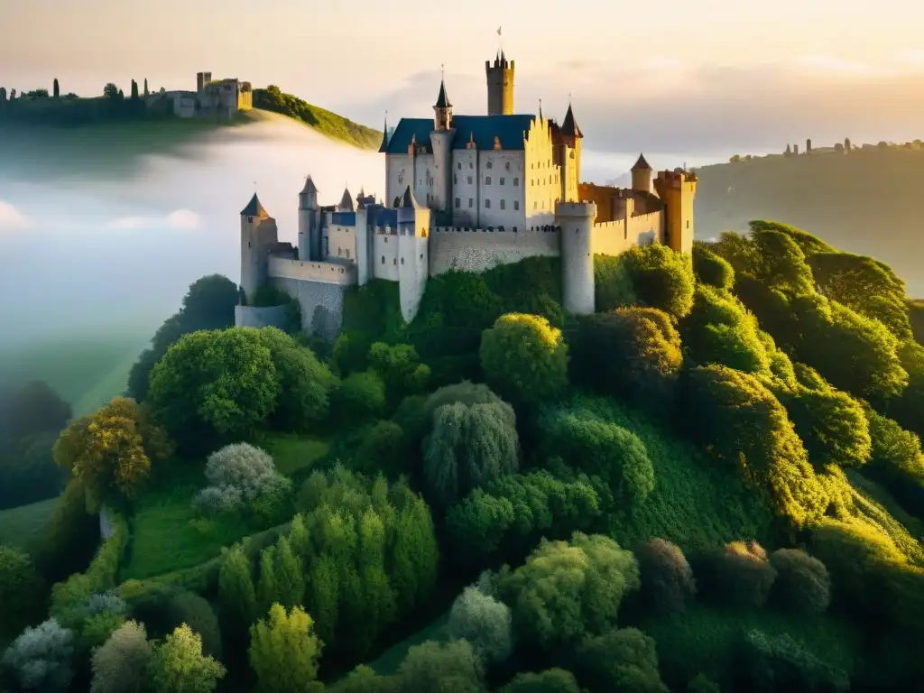 Majestuoso castillo medieval en paisaje verde Imponente castillo medieval rodeado de exuberante vegetación bajo la cálido sol dorado