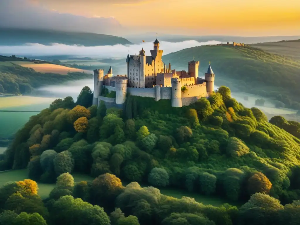 Castillo medieval al atardecer en bosque verde Imponente castillo medieval rodeado de bosques verdes, iluminado por el sol poniente