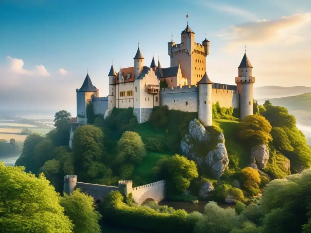 Imponente castillo medieval rodeado de exuberante naturaleza y un foso de agua cristalina