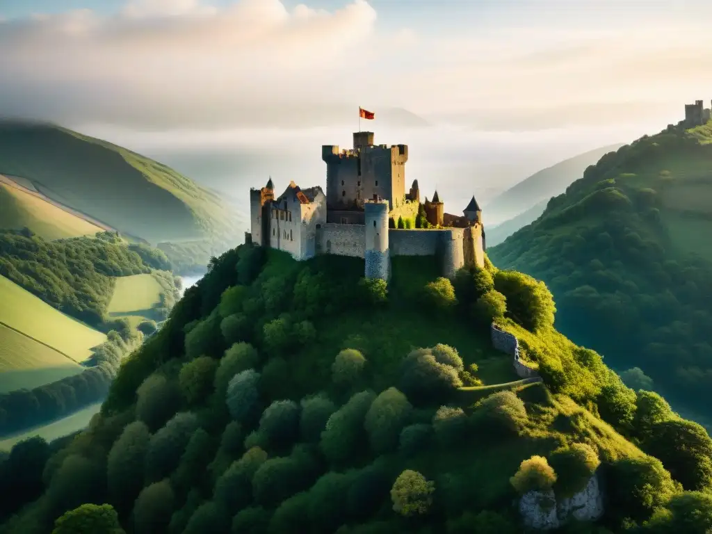 Ruinas de un castillo medieval sobre un acantilado Imponente castillo medieval en ruinas en un acantilado, rodeado de vegetación, evocando poder y vulnerabilidad